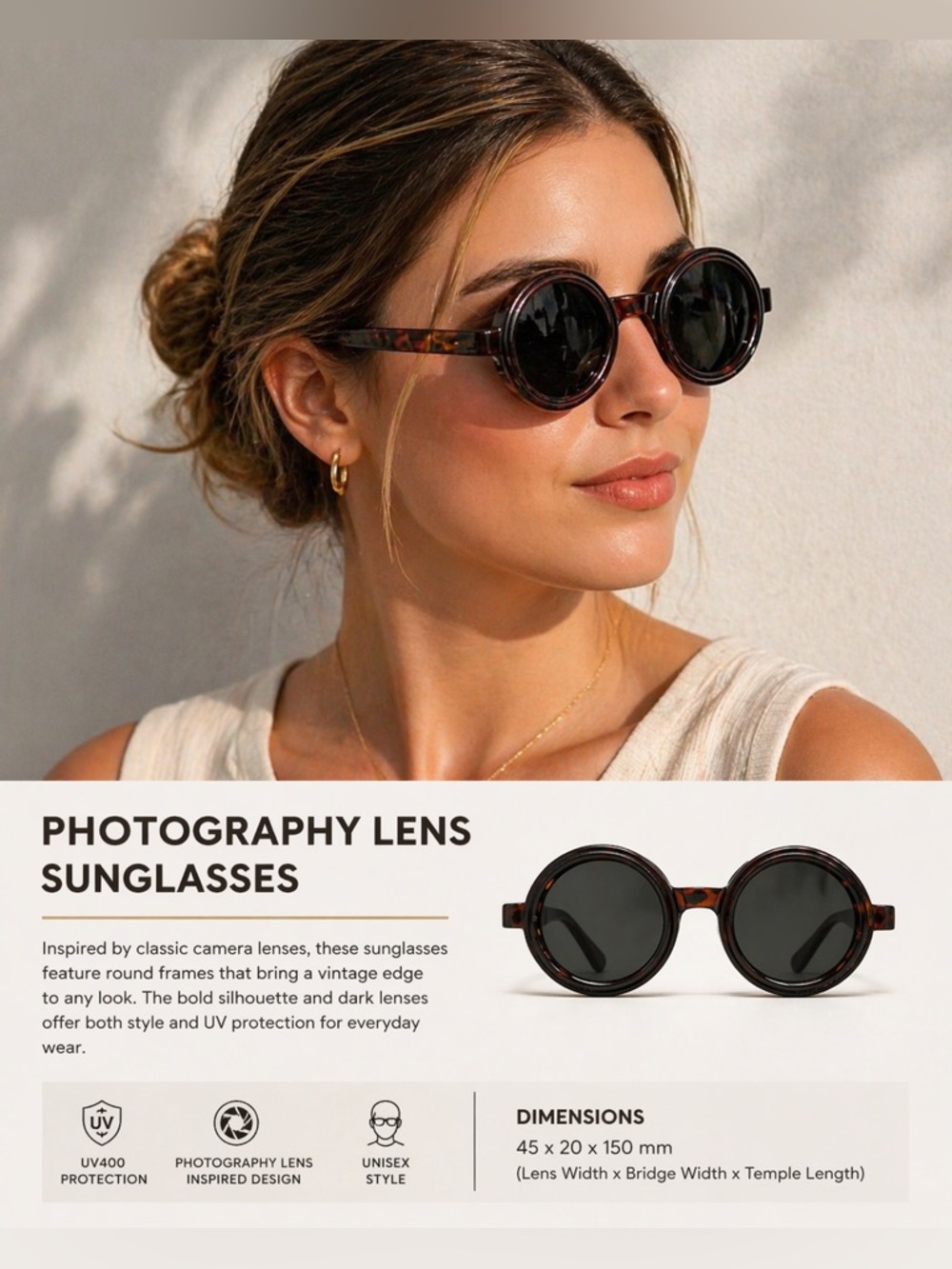 Photography Lens Round Sunglasses – Tortoiseshell Frame | Green Tinted Lenses